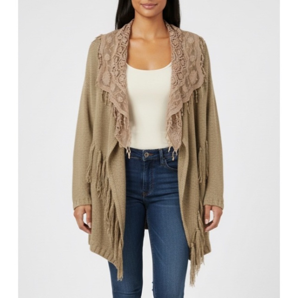 DOUBLE ZERO Buckle SWEATER CARDIGAN Brown Draped KIMONO w/FRINGE & LACE sz L
